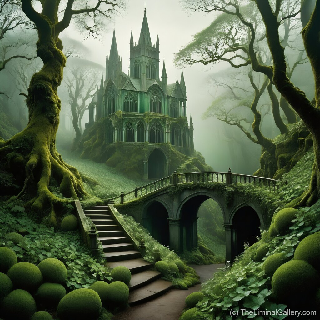 A stunning forest castle surrounded by lush emerald hues, evoking magic, fantasy, and the allure of hidden realms.